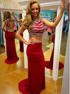 Modest Scoop Red Chiffon Backless Homecoming Dress Sleeveless Floor Length Sequins