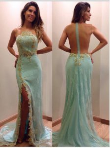 Mermaid Apple Green Sleeveless Court Train Sequins Prom Gown