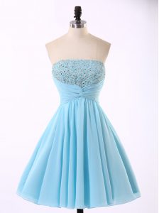 Sleeveless Chiffon Mini Length Zipper Prom Evening Gown in Blue with Beading and Sequins and Ruching