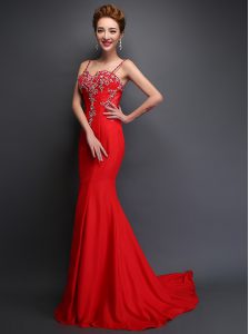 Mermaid With Train Zipper Evening Wear Red for Prom and Party with Beading Brush Train