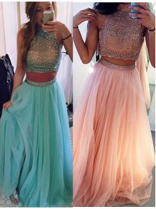 Blue Prom Dresses Prom and Party and For with Beading Halter Top Sleeveless Zipper