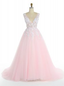 Pink Prom Gown Prom and Party and For with Appliques V-neck Sleeveless Sweep Train Zipper