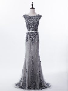 Mermaid Scoop Sleeveless Lace Brush Train Zipper Dress for Prom in Grey with Beading