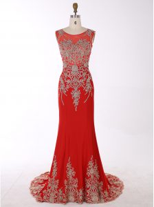 Dazzling Mermaid Chiffon Scoop Sleeveless Brush Train Zipper Beading and Appliques in Red