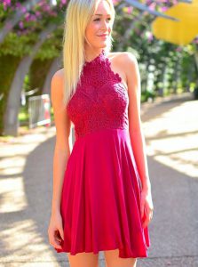 Vintage Halter Top Sleeveless Prom Party Dress Mini Length Appliques Hot Pink Chiffon