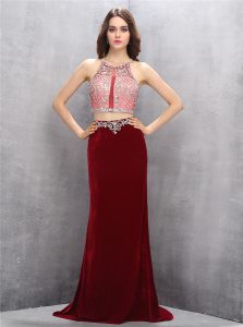 Fabulous Scoop With Train Criss Cross Prom Party Dress Burgundy for Prom with Beading Sweep Train