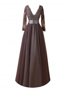 Long Sleeves Floor Length Lace Zipper Mother Of The Bride Dress with Brown