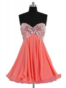 Delicate A-line Prom Gown Watermelon Red Sweetheart Chiffon Sleeveless Mini Length Lace Up