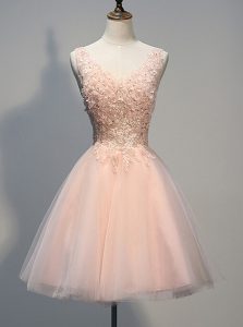 Sleeveless Knee Length Beading and Appliques Zipper Evening Dress with Peach