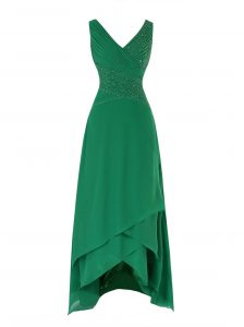 Free and Easy Green Empire V-neck Sleeveless Chiffon Asymmetrical Zipper Beading and Ruching Prom Gown