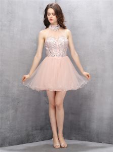 Sequins Baby Pink Sleeveless Tulle Zipper Juniors Party Dress for Prom and Party