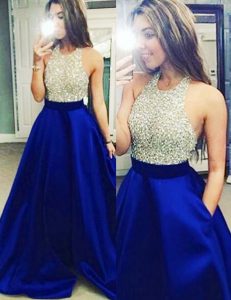 Pretty Royal Blue Halter Top Neckline Beading Prom Evening Gown Sleeveless Backless
