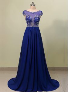 Royal Blue Chiffon Zipper Scoop Cap Sleeves With Train Prom Gown Brush Train Beading