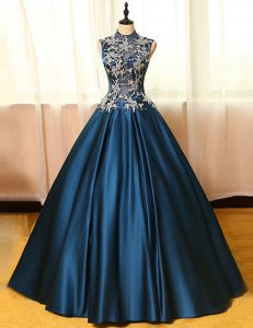 Glamorous Navy Blue Backless Evening Dress Appliques Sleeveless Floor Length