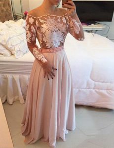 Adorable Scoop Long Sleeves Beading and Appliques and Sashes ribbons Side Zipper Prom Gown