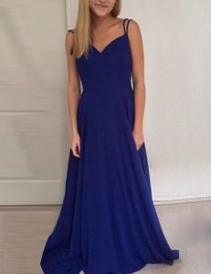 High End Scoop Sleeveless Ruching Backless Evening Dress with Royal Blue Brush Train