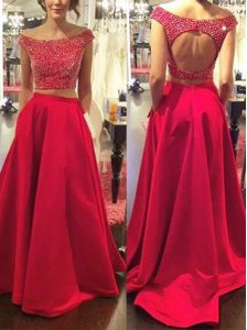 Decent With Train Red Prom Dress Off The Shoulder Sleeveless Sweep Train Backless