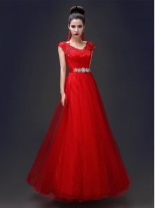 Romantic Scoop Red Sleeveless Tulle and Lace Lace Up Dress for Prom for Prom and Party