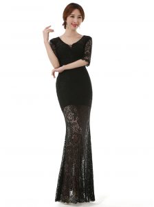 Scoop Half Sleeves Ankle Length Lace Zipper Prom Dresses with Black