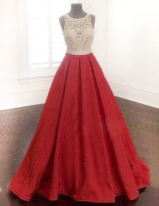 A-line Prom Dresses Red Scoop Satin Sleeveless Floor Length Zipper