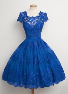 Lace Knee Length Royal Blue Prom Dresses Square Cap Sleeves Zipper