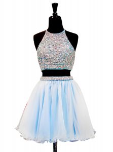 Glorious Halter Top Mini Length A-line Sleeveless Light Blue Evening Dress Zipper