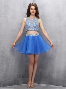 Classical Blue Two Pieces Scoop Sleeveless Organza Mini Length Zipper Beading Cocktail Dresses