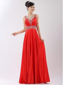 Stylish Floor Length Coral Red Dress for Prom V-neck Sleeveless Zipper