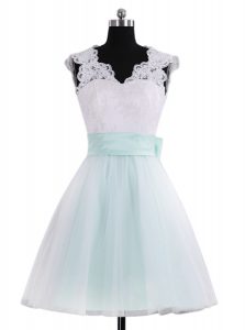 Graceful Blue And White Zipper V-neck Lace and Sashes ribbons Prom Evening Gown Tulle Sleeveless