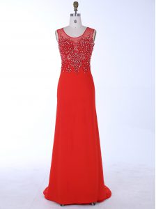 Mermaid Scoop Red Sleeveless Brush Train Beading and Appliques With Train Evening Dress