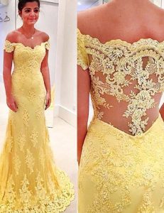 Sophisticated Mermaid Off the Shoulder Lace Short Sleeves Brush Train Side Zipper Appliques Prom Dress