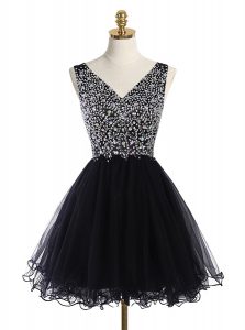 Mini Length Black Prom Evening Gown Tulle Sleeveless Beading