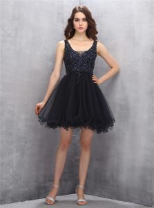 Luxury Black Tulle Zipper Square Sleeveless Mini Length Prom Evening Gown Beading