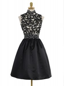 Satin High-neck Sleeveless Zipper Beading and Appliques Dress for Prom in Black