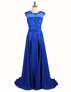 Brush Train A-line Prom Dress Royal Blue Scoop Chiffon Sleeveless Zipper