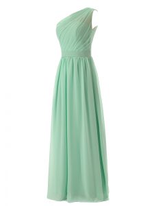 One Shoulder Apple Green A-line Ruffles Prom Gown Zipper Chiffon Sleeveless Floor Length