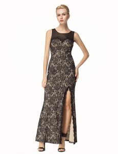 Column/Sheath Prom Party Dress Black Scoop Lace Sleeveless Ankle Length Zipper