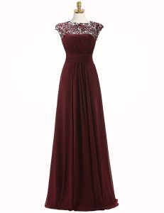 Affordable Scoop Sleeveless Dress for Prom Floor Length Appliques Burgundy Chiffon