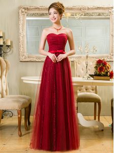 Ideal Lace Floor Length Zipper Homecoming Dress Online Red for Prom and Party with Belt