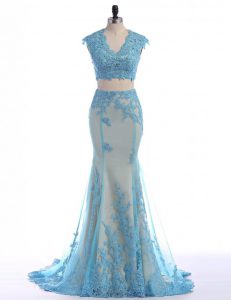 Eye-catching Mermaid Tulle Sleeveless With Train Prom Gown Brush Train and Lace