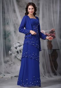 Blue Straps Beaded Chiffon Mother of the Bride Dress with Appliques