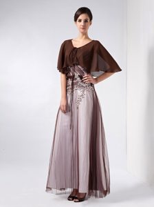 Chiffon and Tulle V-neck Mother of the Bride Dresses in Brown and White