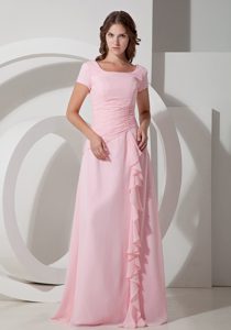 Empire Square Long Chiffon Mother of the Bride Dress in Baby Pink