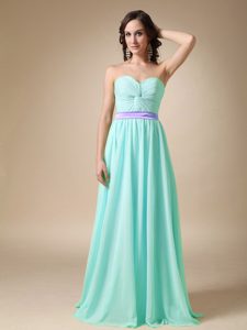 New Apple Green Sweetheart Long Ruched Prom Dress with Purple Sash
