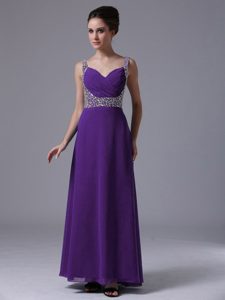 Straps Long Purple Chiffon Ruched Prom Dress for Ladies with Beading