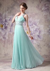 Apple Green V-neck Straps Long Ruched Beaded Prom Dress with Pleats