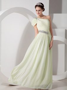 Light Green One Shoulder Long Ruched Chiffon Prom Dress with Beading