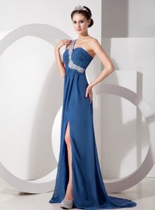 Navy Blue One Shoulder Brush Train Ruched Prom Dress with Appliques and Slit