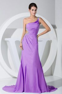 Beaded Purple One Shoulder Purple Prom Gown with Brush Train
