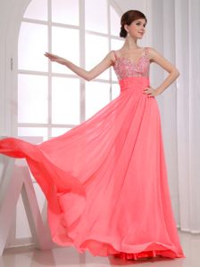 Discount Empire Straps Coral Red Prom Dress for Tall Girls with Beading